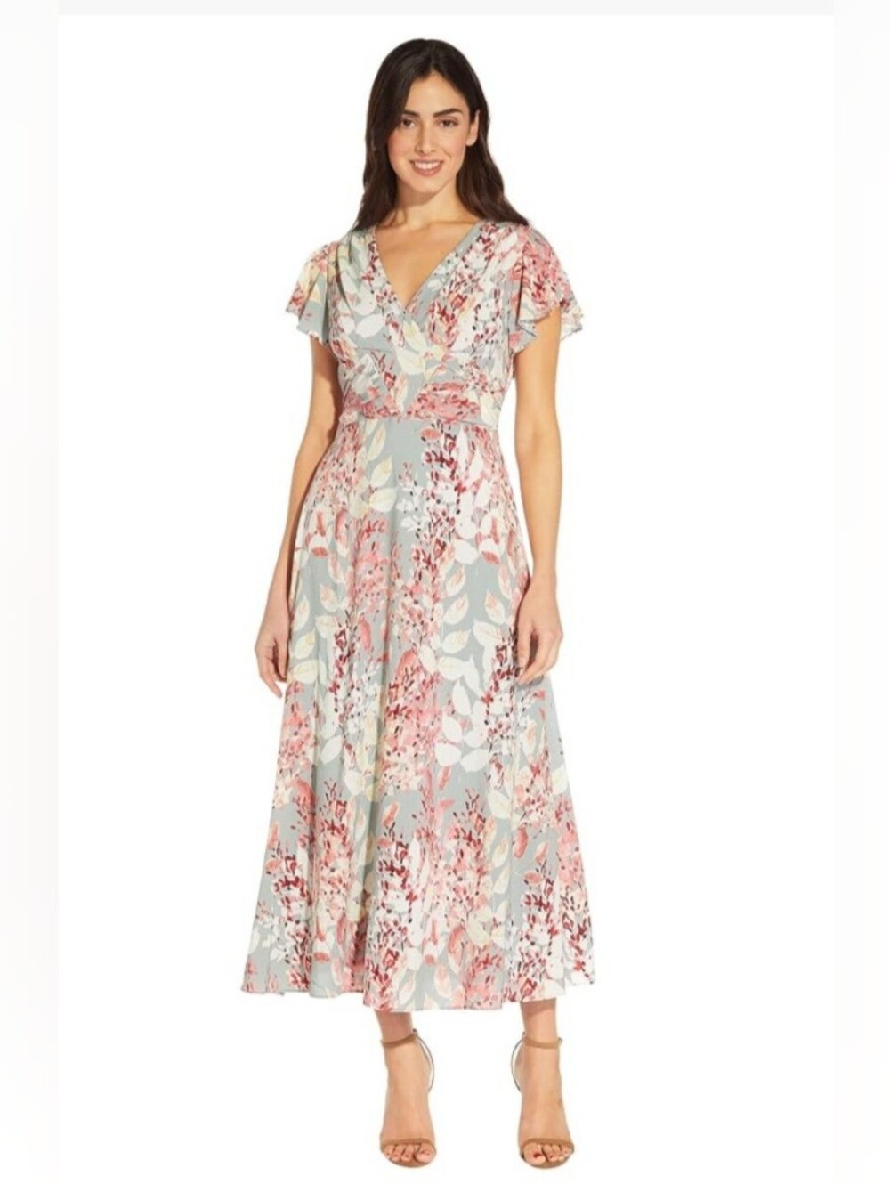 Adrianna Papell Pastel Floral V-Neck Midi Dress in Light Blue and Pink